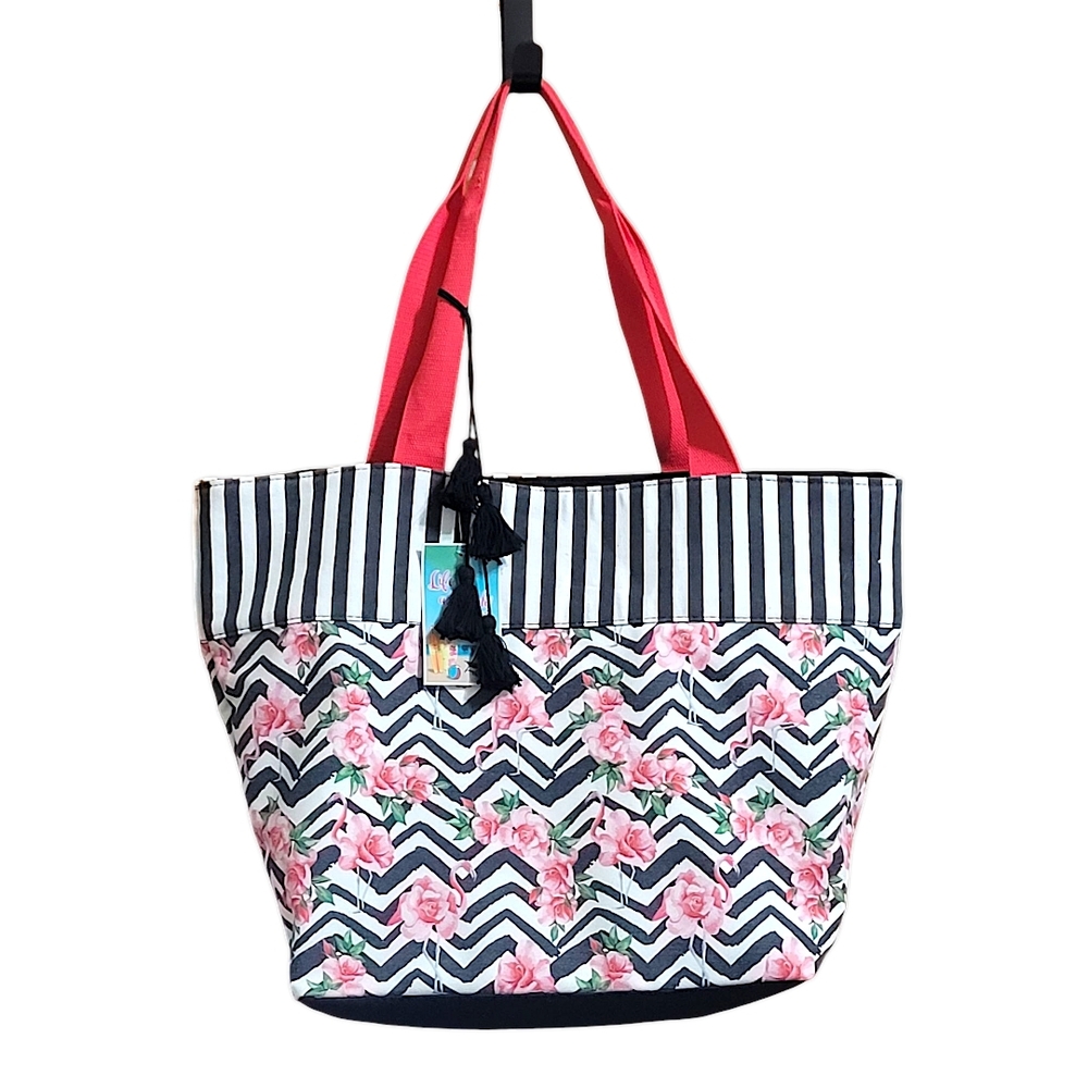 🆕️ Pink Flamingo Floral Black  and White Zig-zag Striped Red Handle Tote Bag
